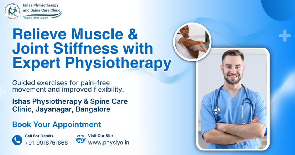 Dr Mahesh G demonstrating physiotherapy exercises for muscle and joint stiffness at Ishas Physiotherapy in Jayanagar Bangalore